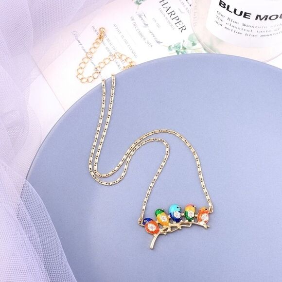 Enamel Bird Flock Crystal Gold Pendant Necklace - Picture 4 of 6